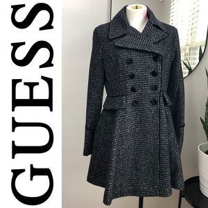 Guess Velvet Trim Double Breasted Skirted Coat